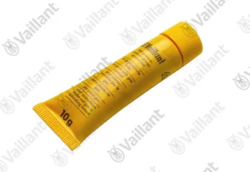 Gelbe Tube mit einer grauen und gelben Verschlusskappe. Auf der Tube sind Informationen zu einem Produkt der Marke Vaillant aufgedruckt. Inhalt: 10 g.
